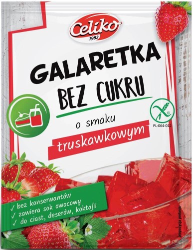 GALARETKA O SMAKU TRUSKAWKOWYM BEZ DODATKU CUKRU BEZGLUTENOWA 14 g - CELIKO.