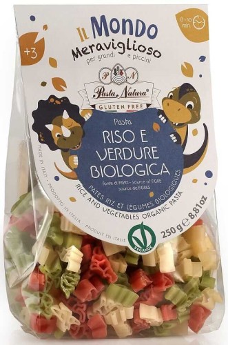 MAKARON (RYŻOWY TRÓJKOLOROWY) DLA DZIECI DINOZAURY BEZGLUTENOWY BIO 250 g - PASTA NATURA