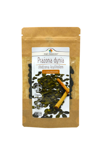 PRAŻONE PESTKI DYNI SŁODZONE KSYLITOLEM Z CYNAMONEM BEZGLUTENOWE 100 g - PIĘĆ PRZEMIAN