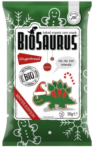 CHRUPKI KUKURYDZIANE DINOZAURY ZIMOWE O SMAKU PIERNIKOWYM BEZGLUTENOWE BIO 50 g - BIOSAURUS