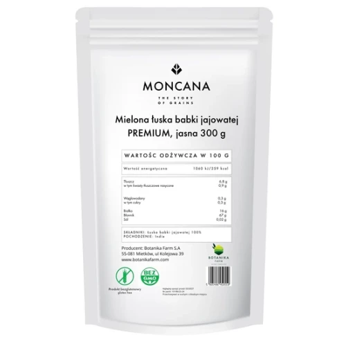 ŁUSKA BABKI JAJOWATEJ (PSYLLIUM HUSK) MIELONA JASNA PREMIUM BEZGLUTENOWA 300g - MONCANA
