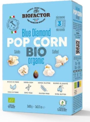 POPCORN NIEBIESKI DO MIKROFALÓWKI Z SOLĄ BEZGLUTENOWY BIO (3 x 90 g) 270 g - BIOFACTOR