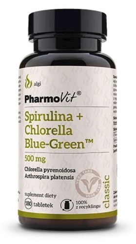 SPIRULINA + CHLORELLA BLUE-GREEN (500 mg) BEZGLUTENOWA 180 TABLETEK - PHARMOVIT (CLASSIC)
