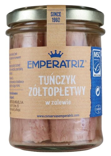 TUŃCZYK ŻÓŁTOPŁETWY FILETY MSC W SOSIE WŁASNYM 185 g (130 g) (SŁOIK) - EMPERATRIZ