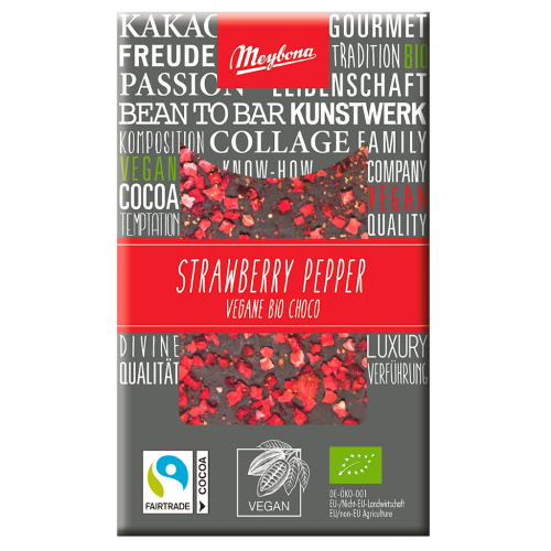 CZEKOLADA GORZKA POSYPANA TRUSKAWKAMI I PIEPRZEM FAIR TRADE BIO 30 g - MEYBONA