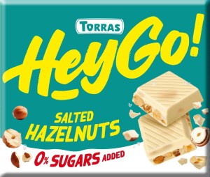 CZEKOLADA BIAŁA Z ORZECHAMI LASKOWYMI I SOLĄ MORSKĄ BEZ DODATKU CUKRU BEZGLUTENOWA HEY GO! 60 g - TORRAS