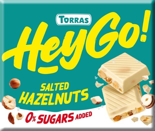 CZEKOLADA BIAŁA Z ORZECHAMI LASKOWYMI I SOLĄ MORSKĄ BEZ DODATKU CUKRU BEZGLUTENOWA HEY GO! 60 g - TORRAS