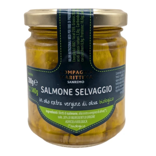 ŁOSOŚ ATLANTYCKI FILETY W BIO OLIWIE Z OLIWEK EXTRA VIRGIN 200 g (140 g) (SŁOIK) - COMPAGNIA MEDITERRANEA