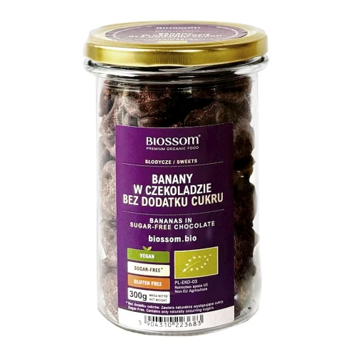 Banany w Surowej Czekoladzie Bez Dodatku Cukrów Bezglutenowe Bio 300 g - Biossom