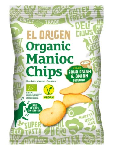 Chipsy z Manioku o Smaku Śmietankowo–Cebulowym Wegańskie Bezglutenowe Bio 60 g - El Origen