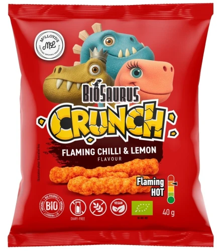 Chrupki Kukurydziane Crunch o Smaku Ostre Chili–Cytryna Bezglutenowe Bio 40 g - Biosaurus