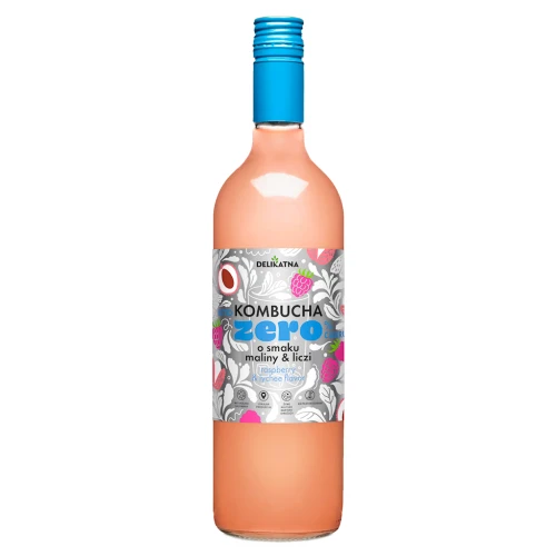 Kombucha o Smaku Maliny i Liczi Zero % Cukru 750 ml - Delikatna