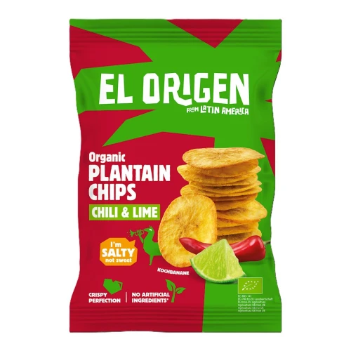 Chipsy z Plantana Chili i Limonka Bezglutenowe Bio 80 g - El Origen
