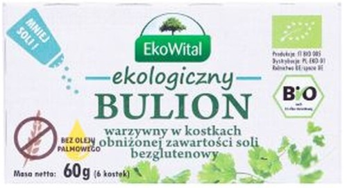 BULION WARZYWNY W KOSTKACH BEZ OLEJU PALMOWEGO O OBNIŻONEJ ZAWARTOŚCI SOLI BEZGLUTENOWY BIO 60 g - EKO WITAL