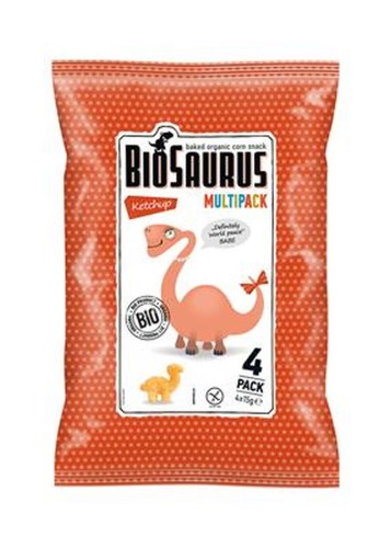 CHRUPKI KUKURYDZIANE DINOZAURY O SMAKU KETCHUPOWYM BEZGLUTENOWE BIO (4 x 15 g) 60 g - BIOSAURUS