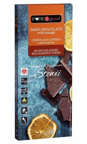 CZEKOLADA GORZKA Z POMARAŃCZĄ SŁODZONA ERYTRYTOLEM I GLIKOZYDAMI STEWIOWYMI BEZ DODATKU CUKRU 125 g - PURE &amp; GOOD