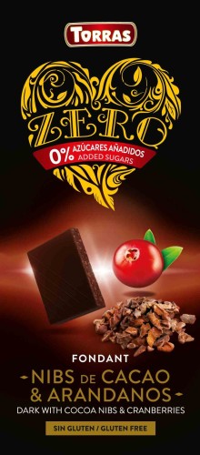 CZEKOLADA GORZKA Z ZIARNAMI KAKAO I ŻURAWINĄ BEZ DODATKU CUKRU ZERO 125 g - TORRAS