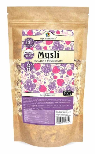 MUSLI OWSIANE Z TRUSKAWKAMI BEZGLUTENOWE 500 g - PIĘĆ PRZEMIAN