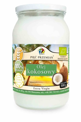 OLEJ KOKOSOWY EXTRA VIRGIN BEZGLUTENOWY  BIO 800 g - PIĘĆ PRZEMIAN