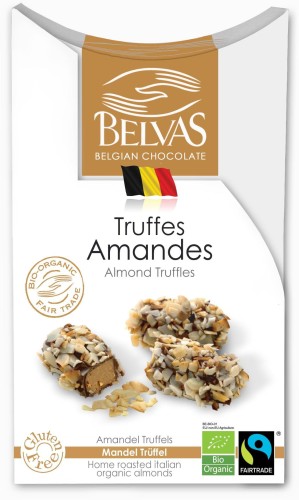 BELGIJSKIE CZEKOLADKI TRUFLE Z MIGDAŁAMI FAIR TRADE BEZGLUTENOWE BIO 100 g - BELVAS
