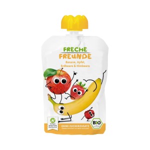 MUS BANAN - JABŁKO - TRUSKAWKA - MALINA BEZ DODATKU CUKRÓW BEZGLUTENOWY PO 6 MIESIĄCU BIO 100 g - FRECHE FREUNDE