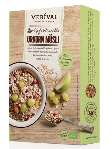 MUSLI PEŁNOZIARNISTE Z JABŁKIEM I MORELĄ BEZ DODATKU CUKRÓW BIO 375 g - VERIVAL