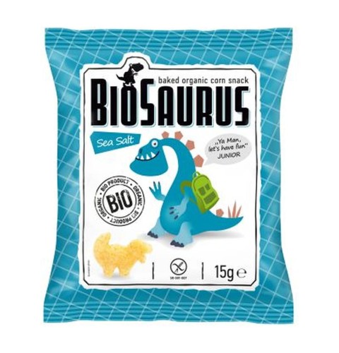 CHRUPKI KUKURYDZIANE DINOZAURY Z SOLĄ MORSKĄ BEZGLUTENOWE BIO 15 g - BIO SAURUS