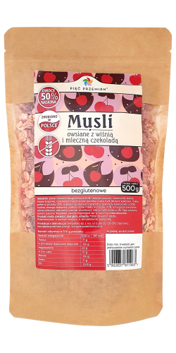 MUSLI OWSIANE Z WIŚNIĄ I MLECZNĄ CZEKOLADĄ BEZGLUTENOWE 500 g - PIĘĆ PRZEMIAN