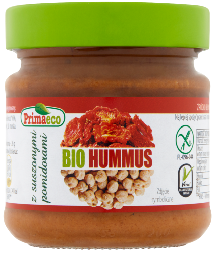 HUMMUS Z SUSZONYMI POMIDORAMI BEZGLUTENOWY BIO 160 g - PRIMAECO