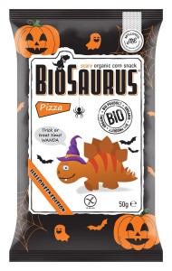 CHRUPKI KUKURYDZIANE DINOZAURY HALLOWEEN O SMAKU PIZZY BEZGLUTENOWE BIO 50 g - BIO SAURUS