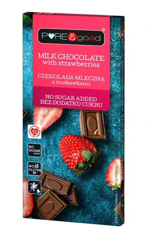 CZEKOLADA MLECZNA Z TRUSKAWKAMI BEZ DODATKU CUKRU BEZGLUTENOWA 75 g - PURE&amp;GOOD